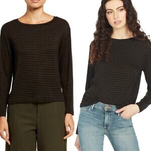 Vince Striped Wool Blend Sweater Lightweight Boatneck Long Sleeve Black Brown M